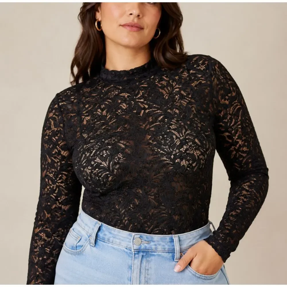 NWOT Banana Republic Black Lack Mock Turtleneck Bodysuit XL